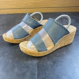 Korks Kendri Women’s Dusty Blue Leather Whipstitch Wedges Sandals Size 8